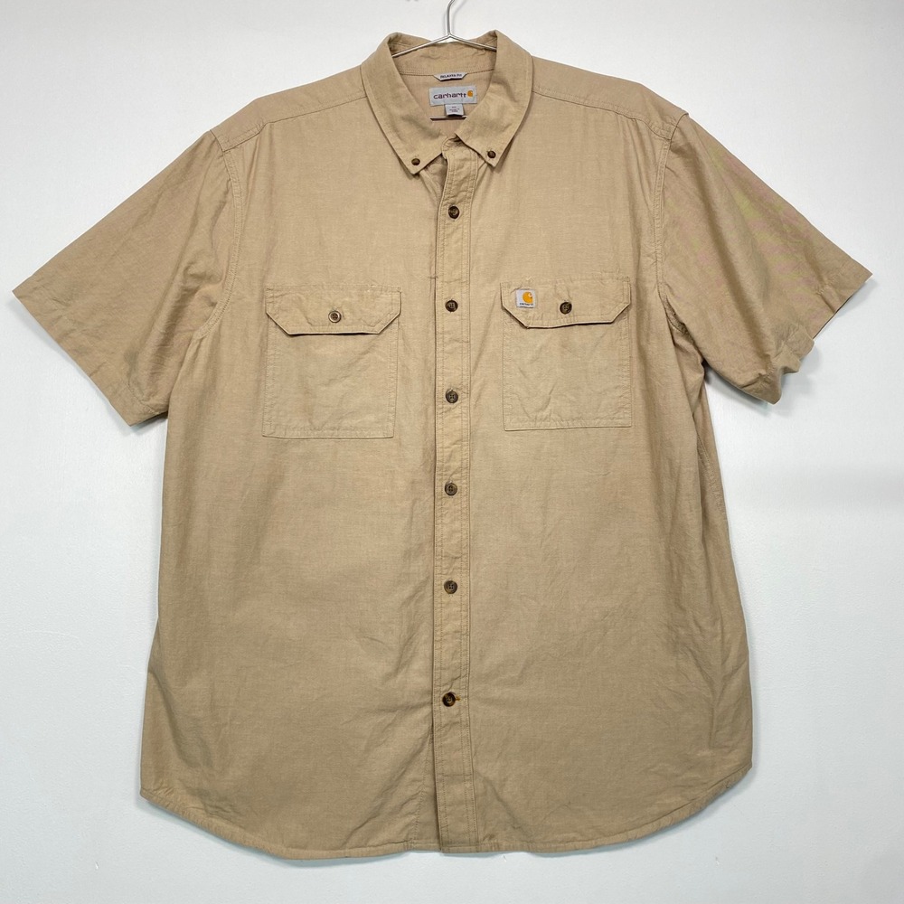 Carhartt Mens Shirt XL Tan Relaxed Fit Cotton Canvas Button Down‎ S200 256